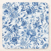 青いシノワズリの水彩花の植物画 スクエアペーパーコースター (正面)