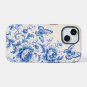 青いシノワズリの蝶と芍薬のスマホケース iPhone 15ケース (裏面横)