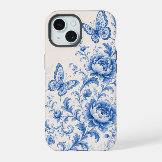 青いシノワズリの蝶と芍薬のスマホケース iPhone 15ケース