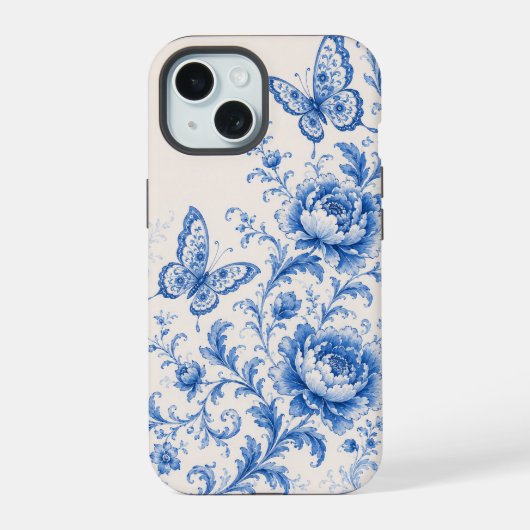 青いシノワズリの蝶と芍薬のスマホケース iPhone 15ケース (裏面)
