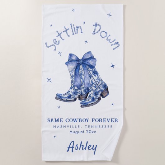 青いシノワズリーで落ち着く独身最後の夜会 ビーチタオル (正面)