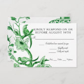 青いシノワズリーの花柄水彩 出欠カード (正面/裏面)