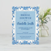 青いシノワズリーの花柄 アンティーク ブライダルシャワー セーブザデート (スタンド正面)