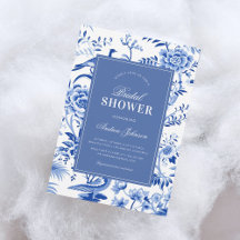青いシノワズリーデザインのヴィンテージ風ウェディングシャワー招待状