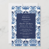 青いシノワズリーパターン ブライダルシャワー 招待状 (正面)