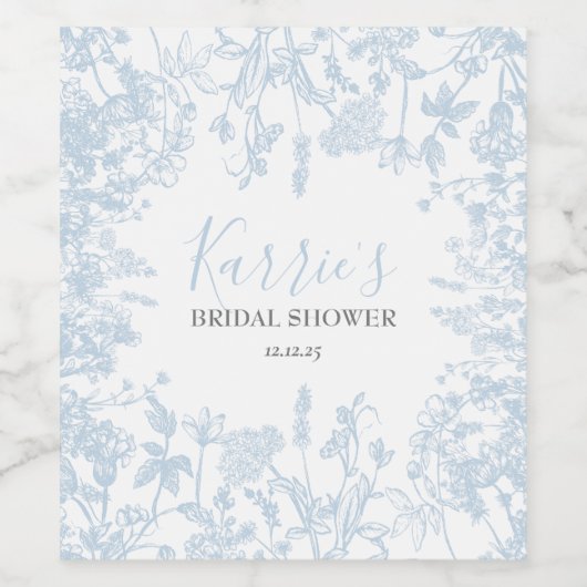 青いシノワズリーフラワーブライダルシャワーのお土産タグ ワインラベル (シングルラベル)