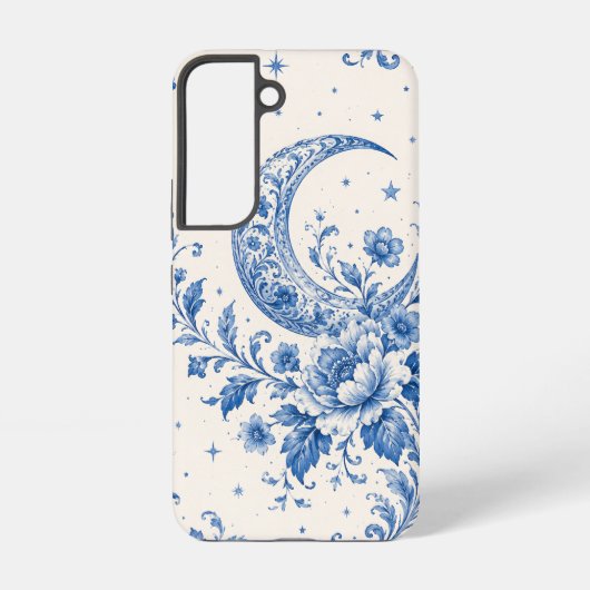 青いシノワズリー三日月花柄フォンケース SAMSUNG GALAXYケース (裏面)