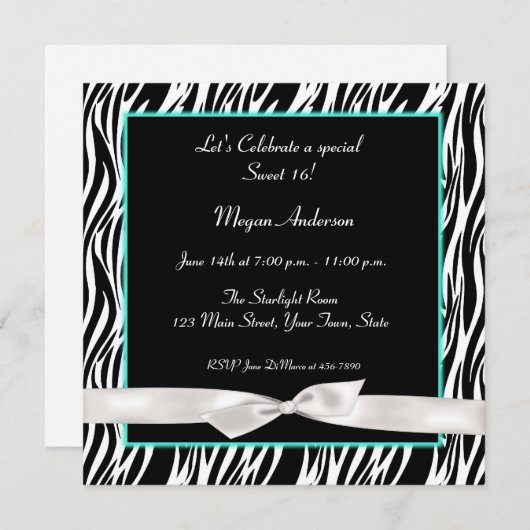 青いシマウマのティール（緑がかった色）白い弓招待状 招待状 (正面/裏面)