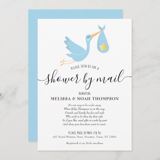 青いシャワーを郵送で 長距離のスパークル 招待状 (正面/裏面)