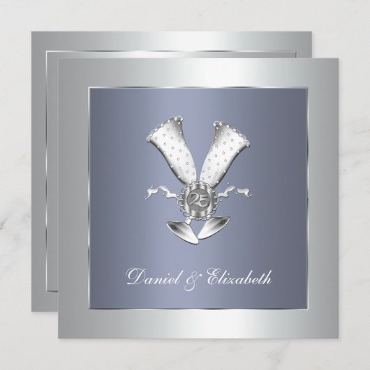 青いシャンパングラスの25周年結婚記念日 招待状 (正面/裏面)