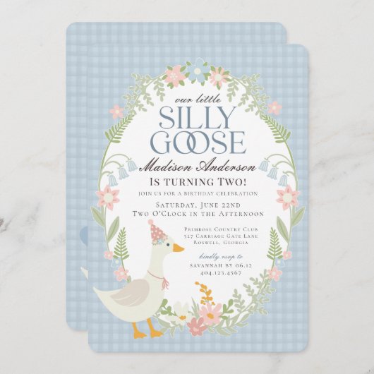 青いシリーゴースの花柄ギンガム誕生日パーティー 招待状 (正面/裏面)