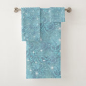 青いシルキーの繰り返しパターンと白いキラキラ バスタオルセット (インサイチュ)