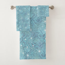 青いシルキーの繰り返しパターンと白いキラキラ バスタオルセット