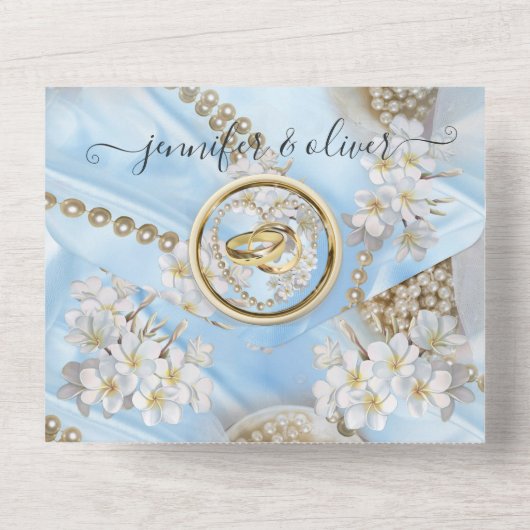 青いシルクとパールが一つになったウェディング招待状 オールインワン招待状 (裏面)