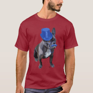 青いシルクハットおよび口ひげを持つフレンチ・ブルドッグ Tシャツ
