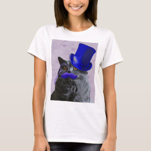 青いシルクハットおよび口ひげを持つ灰色猫 Tシャツ