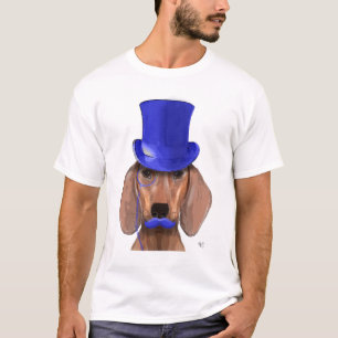 青いシルクハットおよび青い口ひげを持つダックスフント Tシャツ