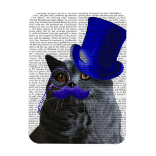 青いシルクハットおよび青い口ひげを持つ灰色猫 マグネット