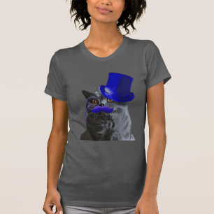 青いシルクハットおよび青い口ひげを持つ灰色猫 Tシャツ