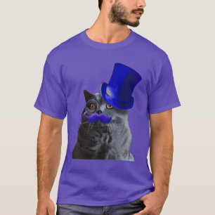 青いシルクハットおよび青い口ひげを持つ灰色猫 Tシャツ