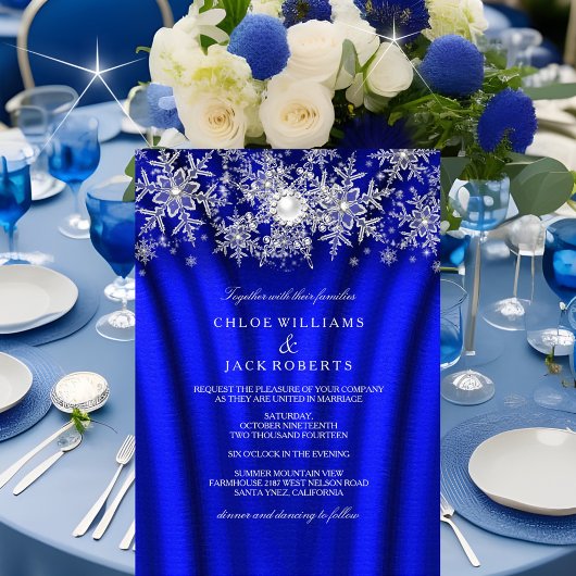 青いシルクパールの雪の結晶 銀の冬の結婚式 招待状