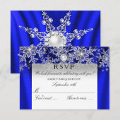 青いシルクパールの雪の結晶 銀の冬 ご参加のお返事 出欠カード (正面/裏面)
