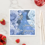 青いシルバーのローズの花の女性の豪華な誕生日 スタンダードランチョンナプキン (インサイチュ)