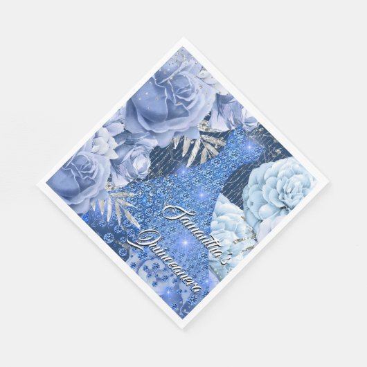 青いシルバーのローズの花の女性の豪華な誕生日 スタンダードランチョンナプキン (角)