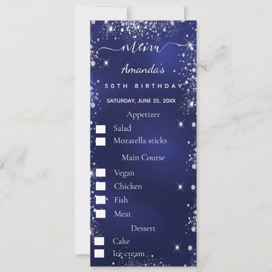 青いシルバーフォトおもしろいファクト誕生日メニューカード 招待状 (正面)