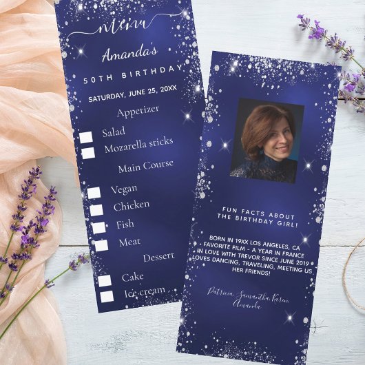 青いシルバーフォトおもしろいファクト誕生日メニューカード 招待状