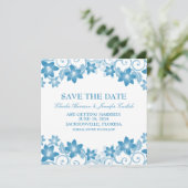 青いシンプルな花の「Save the Date」招待状 招待状 (スタンド正面)