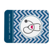 青いシンプルシェブロンにグレー看護聴診器 マグネット (横)