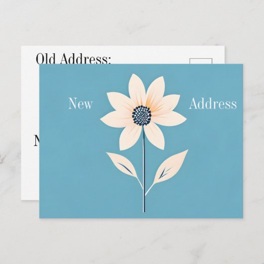 青いシンプル新しいアドレスにミニマルな花 案内ポストカード (正面/裏面)