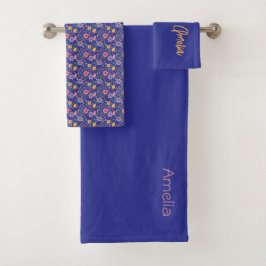 青いシンプル花のパターン名 バスタオルセット