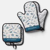 青いシーシェルパターン 鍋つかみ&鍋敷きセット (正面/裏面)