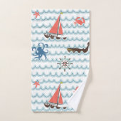 青いシ航海のーンパターン子供タオルセット バスタオルセット (ハンドタオル)