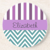 青いジグザグ、シボロン、紫のストライプ、お名前 コースター (正面)