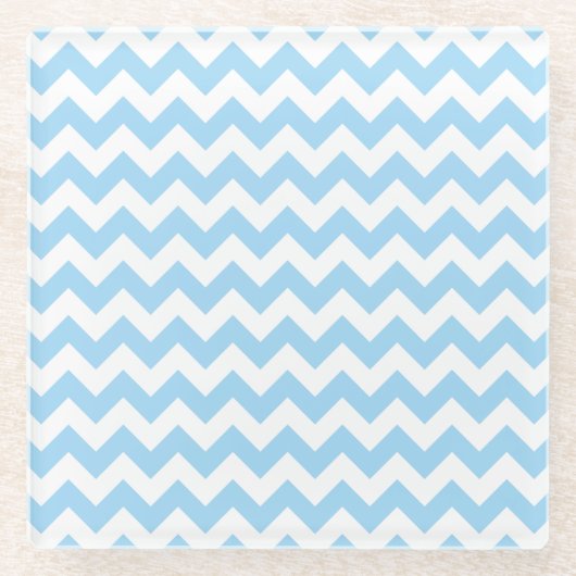 青いジグザグ、青い山形、幾何学模様 ガラスコースター (正面)