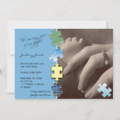 青いジグソーパズルの写真のベビーの発表 案内状 (正面)