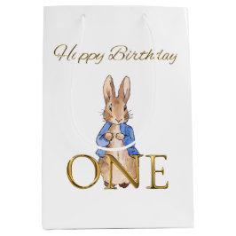青いジャケットのクラシックラビット 1歳の誕生日 ミディアムペーパーバッグ