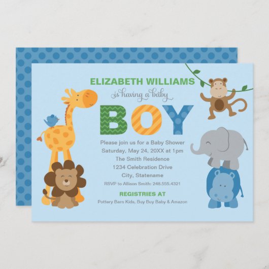 青いジャンカラフルグル動物男の赤ちゃんシャワー 招待状 (正面/裏面)