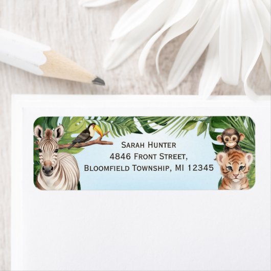 青いジャングルサファリの動物、誕生日の帰りの住所 ラベル (インサイチュ)