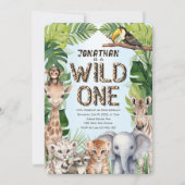 青いジャングルサファリベビーアニマルズ男の子1歳の誕生日 招待状 (正面)