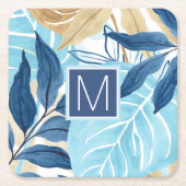 青いジャングル葉 スクエアペーパーコースター (正面)