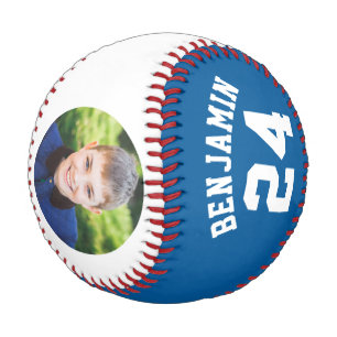 青いジャージーの番号と写真 野球ボール