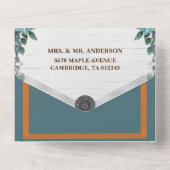 青いジュエリーと花のウェディング オールインワン招待状 (裏面)