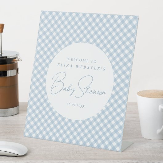 青いジンガムかわいいシンプルパーソナライズされたの赤ちゃんシャワー 台座サイン (インサイチュ)