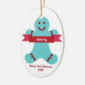 青いジンジャーブレッド赤いバナー名ベビー最初 セラミックオーナメント (左)