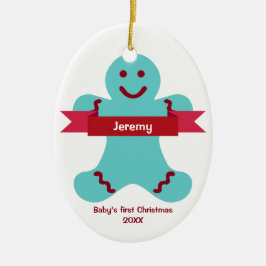 青いジンジャーブレッド赤いバナー名ベビー最初 セラミックオーナメント