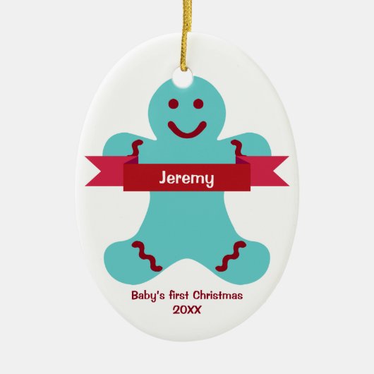 青いジンジャーブレッド赤いバナー名ベビー最初 セラミックオーナメント (正面)